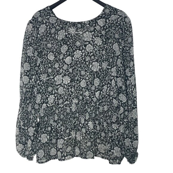 Old Navy Dark Floral Peplum Top Blouse Sz XXL Smocked Sheer Boho - Picture 2 of 8
